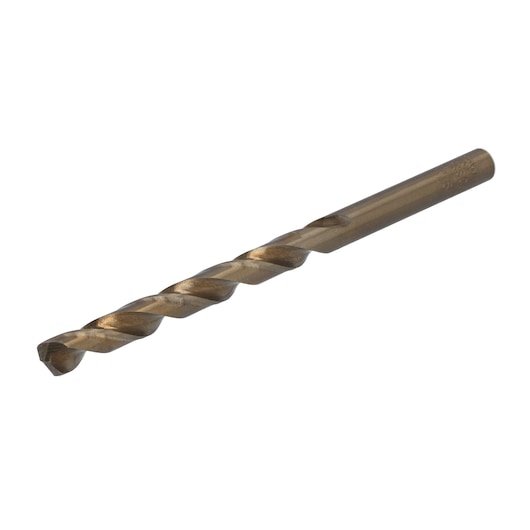 Photo of IRWIN 3016015 metal drill bit, bronze finish, spiral flutes, side angle, on white background.