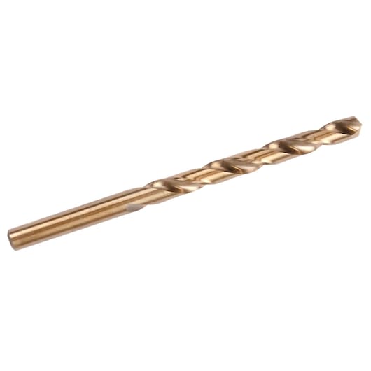IRWIN 3016017 gold twist drill bit, side angle, photography of single metal drill bit on white background.