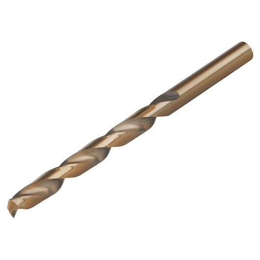 IRWIN 3016018 gold metal twist drill bit, side angle on white background.