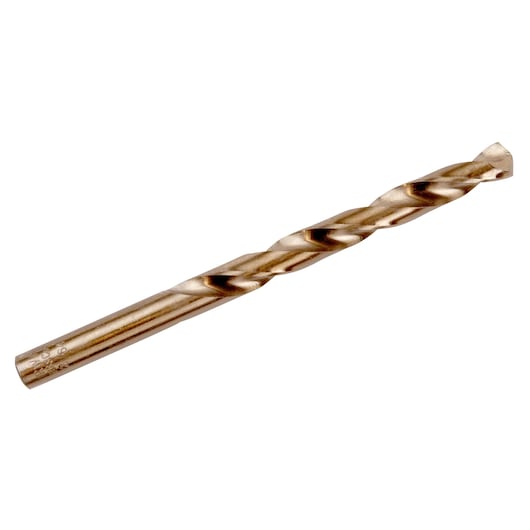 Photo of IRWIN 3016021 gold metal drill bit, angled on white background, showing spiral flute design.