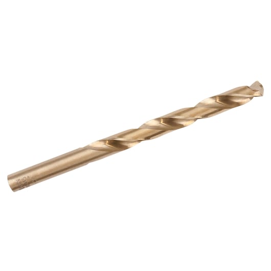 IRWIN 3016022 gold metal drill bit on white background, angled view, spiral flutes visible.