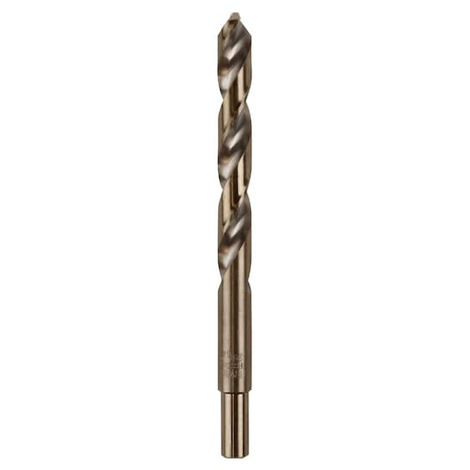 IRWIN 3016029 metal drill bit with spiral flutes, bronze finish, straight shank, front angle, white background.