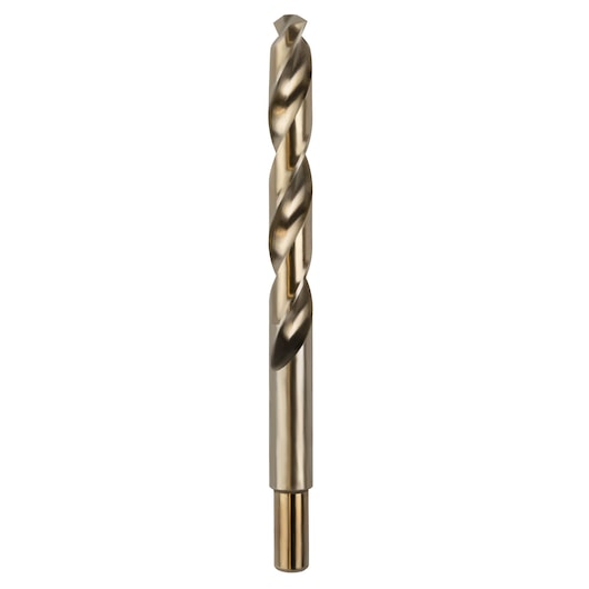 IRWIN 3016030 gold metal twist drill bit, front angle, solid shaft with spiral flutes on white background.