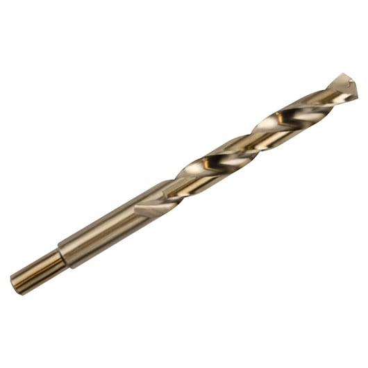 IRWIN 3016030 metal drill bit angled view, gold finish, spiral design, on white background.