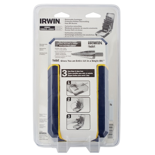 IRWIN cobalt drill bit set in retail packaging, blue and yellow plastic case, front angle, SKU 3018002.