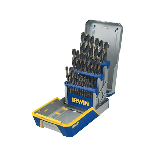 IRWIN 3018005 drill bit set in blue and yellow case, angled view on white background.