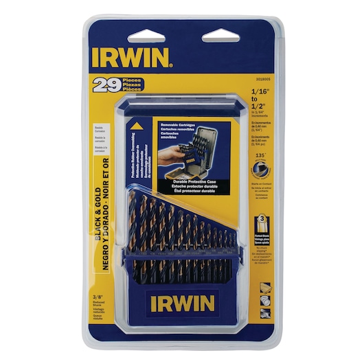 IRWIN 3018005 29-piece black and gold drill bit set in clear blister packaging, front view.