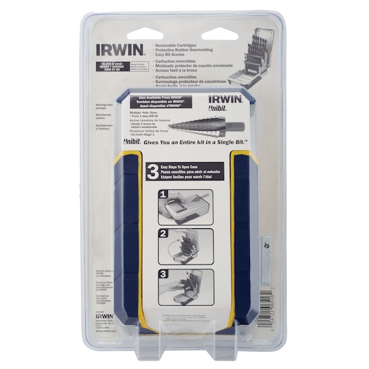 IRWIN screw and drill bit set 3018005 in retail packaging, rear angle, with instructions and product features visible.