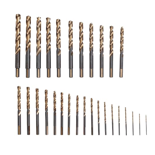 IRWIN 3018006B drill bit set, multiple sizes, gold and black finish, arranged on white background, front angle.