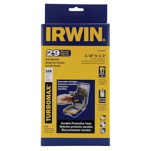 IRWIN 3018006B drill bit set, 29 pieces, yellow and blue packaging, TURBOMAX series, front angle on white background.