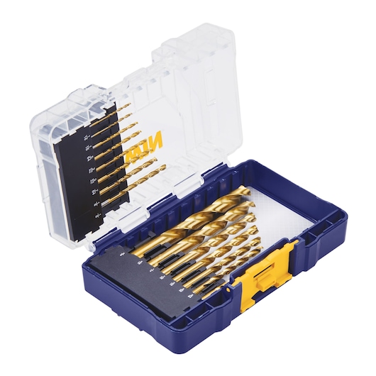 IRWIN 3018009 drill bit set in blue plastic case with transparent lid, multiple gold drill bits organized by size, white background.