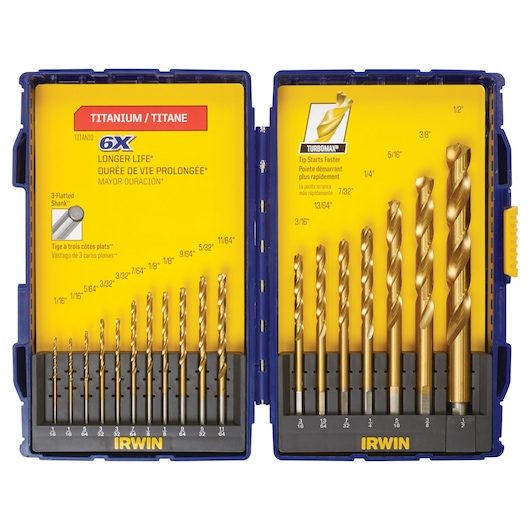Photo of IRWIN 3018010 titanium drill bit set in an open blue and yellow plastic case, showing multiple sizes arranged in slots, front view.