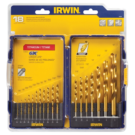 IRWIN 3018010 titanium metal drill bit set, 18 pieces, gold finish, front packaging view, photography category.