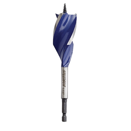 IRWIN 3041009 hex shank blue wood drill bit, front angle on white background.