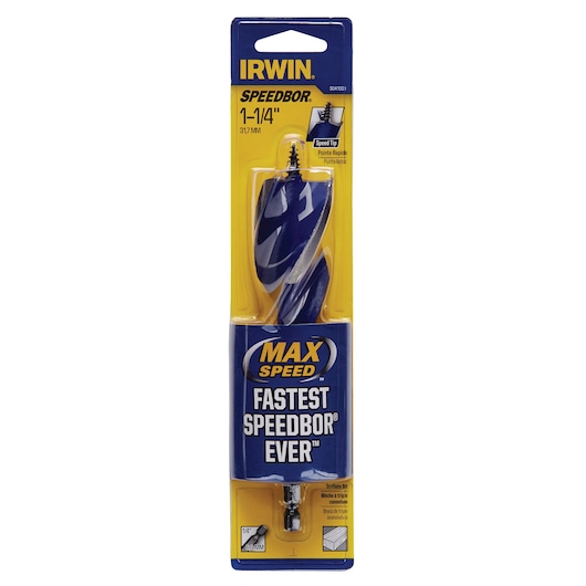 IRWIN 3041009 SPEEDBOR 1-1/4 inch tri-flute wood drill bit in retail packaging, front angle.