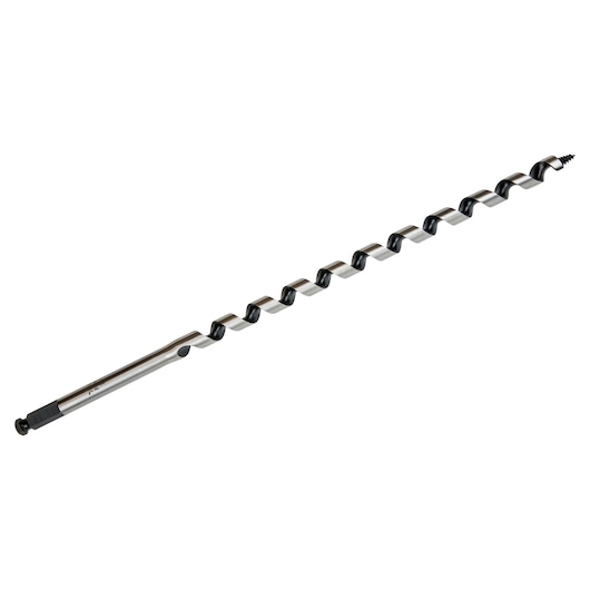 IRWIN long auger drill bit with spiral flutes, silver and black, SKU 3043007B, side angle on white background.