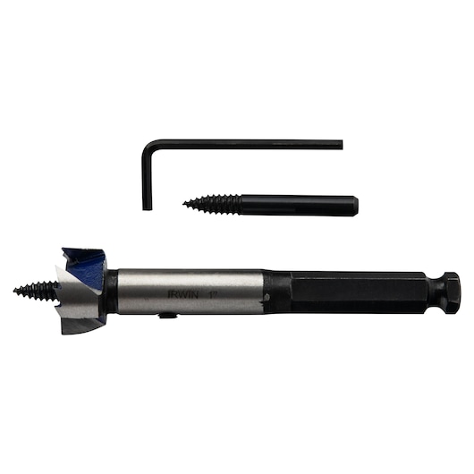 IRWIN 3046004 woodboring bit set with hex key and replacement tip, photography, front angle, white background.