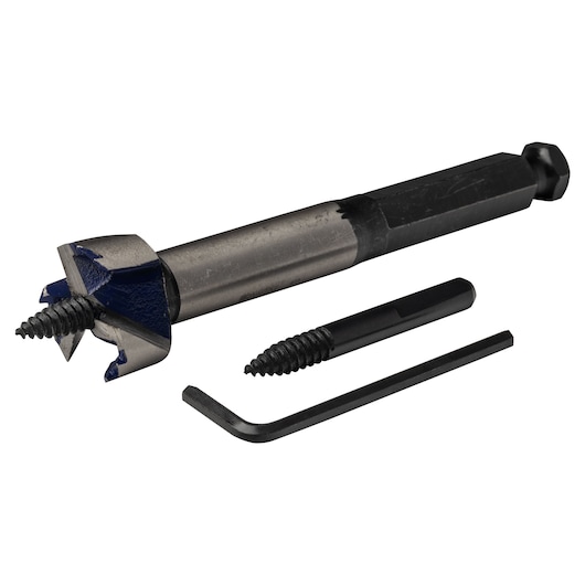 IRWIN 3046004 wood screw extractor set with drill bit, extractor, and hex key on white background.
