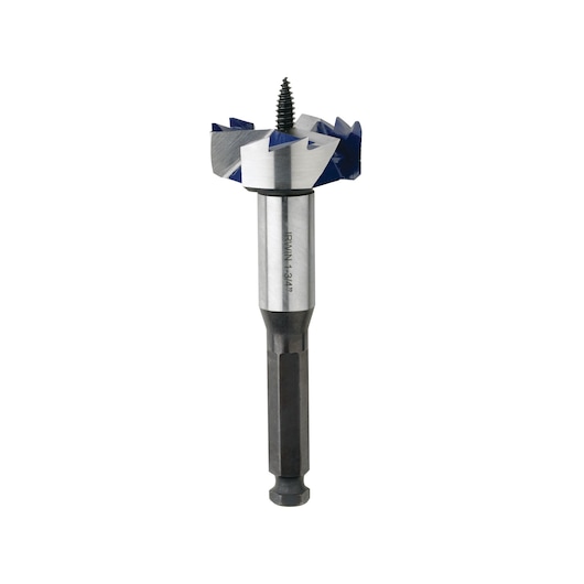 IRWIN 3046009 silver and blue wood boring bit with hex shank, photographed on white background, front angle.