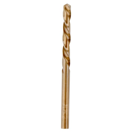 IRWIN 30512ZR gold twist drill bit, straight-on angle, white background, metal cutting tool.