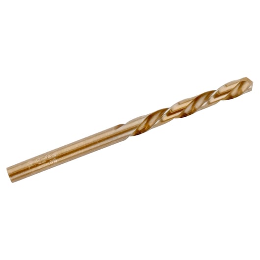 IRWIN 30512ZR gold metal drill bit, side angle on white background.