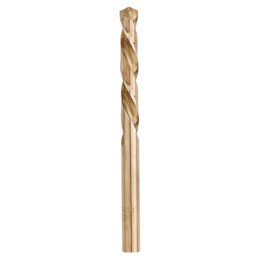 Photo of IRWIN 30516 metal drill bit, gold finish, spiral flutes, vertical angle on white background.