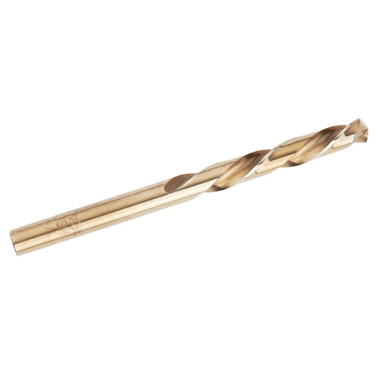 IRWIN drill bit 30516, gold finish, cylindrical spiral shape, side angle, photo on white background.