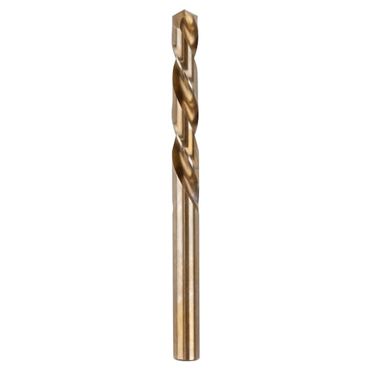 IRWIN 30518ZR gold metal drill bit, straight-on angle, spiral flutes, photography on white background.