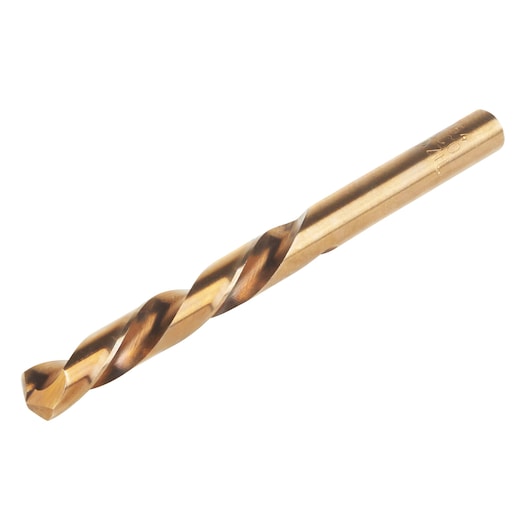 IRWIN 30519 gold finish twist drill bit, side angle, shown on white background.