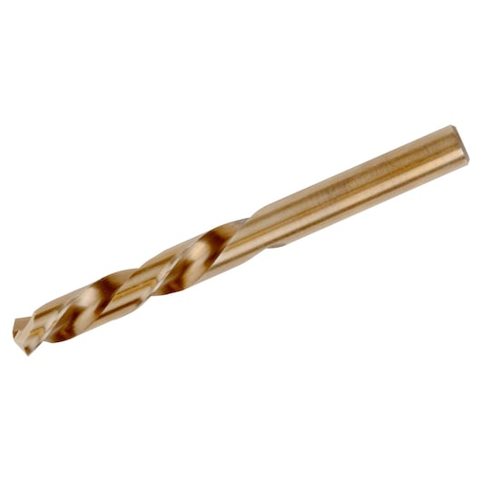 IRWIN 30526ZR gold metal twist drill bit, side angle on white background.