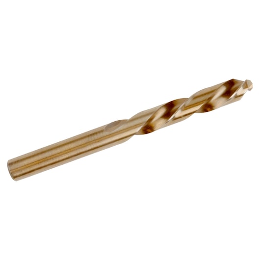 IRWIN 30526ZR gold metal drill bit, side angle, spiral fluted shaft, on white background.