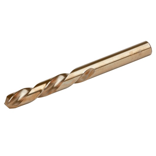 IRWIN 30530 gold metal drill bit, close-up angled view, white background, photography.