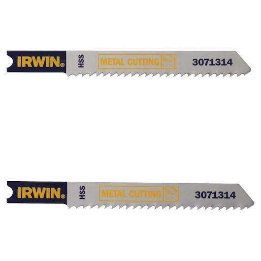 Photo of two IRWIN 3071314 metal cutting saw blades with silver finish and yellow branding, side view on white background.
