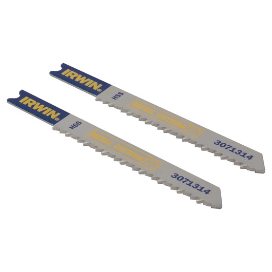 IRWIN 3071314 metal cutting jigsaw blades, silver with blue and yellow branding, angled view on white background.