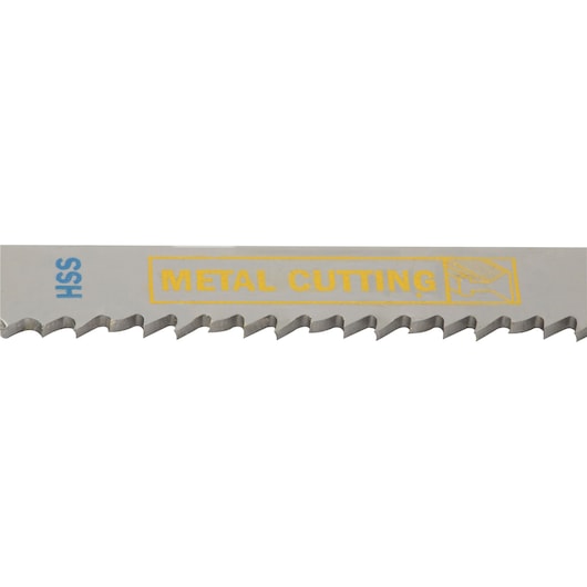 IRWIN 3071314 metal cutting saw blade close-up, silver color, showing sharp teeth and yellow labeling, white background.