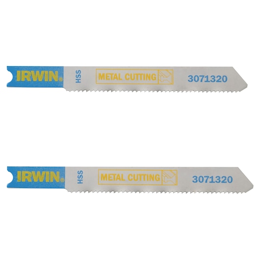 Photo of two IRWIN metal cutting jigsaw blades, silver with blue and yellow, SKU 3071320, side view on white background.