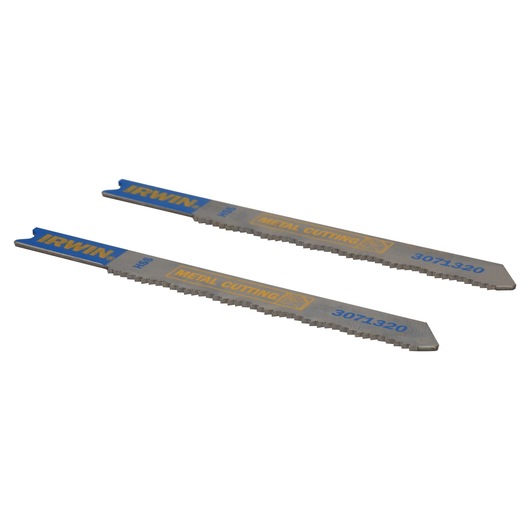 Photo of two IRWIN 3071320 metal cutting jigsaw blades with blue and yellow labels on white background, angled view.