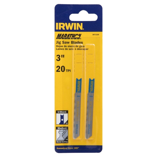IRWIN 3071320 jig saw blades two-pack, 3 inch, 20 TPI, U-shank, for medium metal cutting, front view on white background.