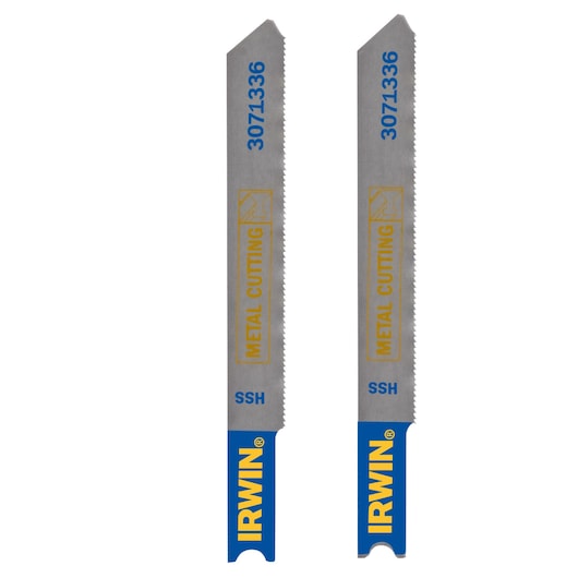 IRWIN 3071336 metal cutting jigsaw blades, silver with blue and yellow branding, front angle photo.