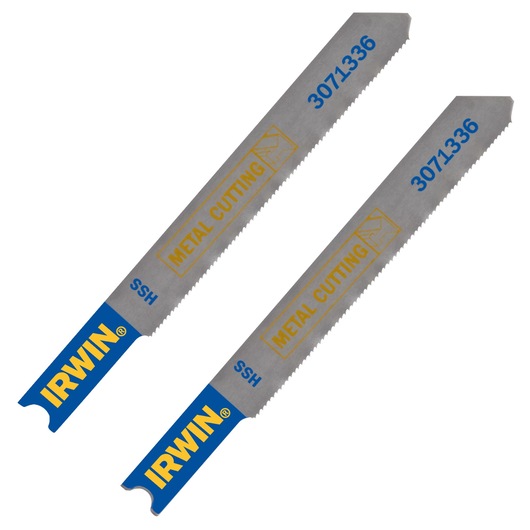 IRWIN 3071336 metal cutting saw blades, silver with blue and yellow branding, front angle, two pieces.