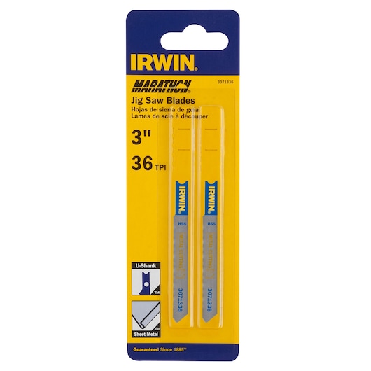 IRWIN 3071336 jig saw blades pack, 3 inch 36 TPI, for sheet metal, front angle on white background.