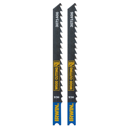 IRWIN 3071406 wood cutting jigsaw blades, two pack, front angle on white background.