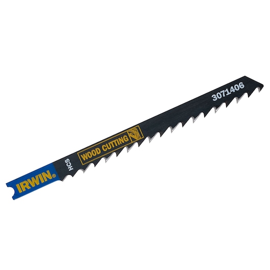 IRWIN wood cutting saw blade with jagged teeth, blue and black finish, SKU 3071406, side angle.