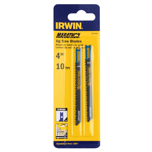 IRWIN 3071406 jig saw blades pack, yellow and blue packaging, 4 inch, 10 TPI, for wood cutting, front view.