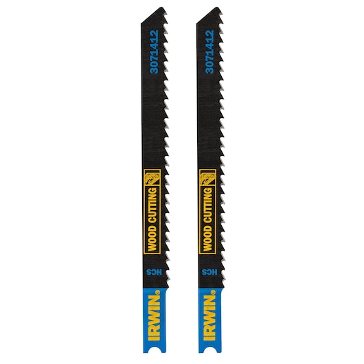 IRWIN 3071412 wood cutting jigsaw blades, black with blue ends, front angle on white background.
