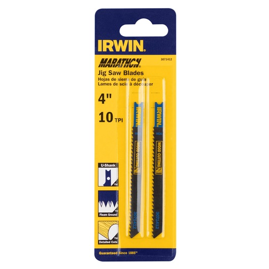 IRWIN 3071412 jig saw blades 3-pack in yellow and blue packaging, 4 inch, 10 TPI, wood cutting, front view.