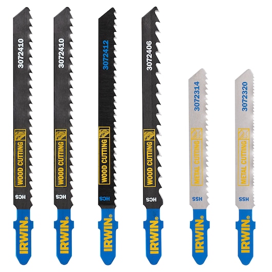 IRWIN 3072001 jigsaw blades set, wood and metal cutting, front angle, six blades with blue tips.