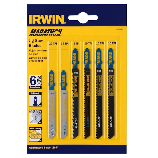 IRWIN 3072001 jig saw blades 6-pack assortment, metal and wood cutting blades, front view on white background.