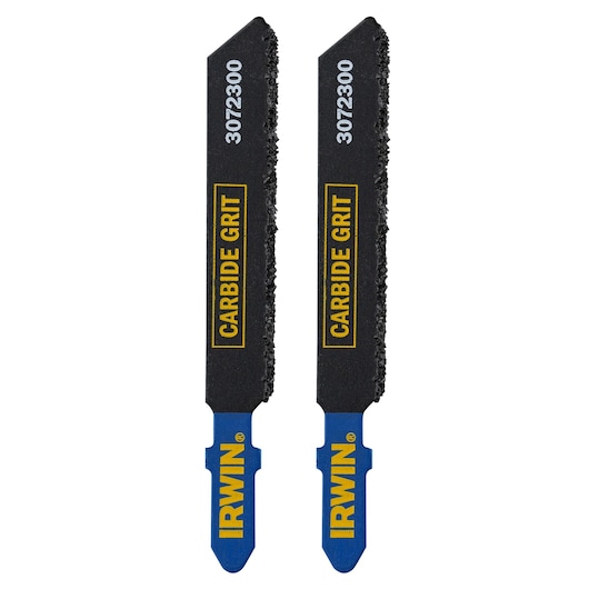 IRWIN 3072300 carbide grit jigsaw blades, black and blue, front angle, two pieces on white background.