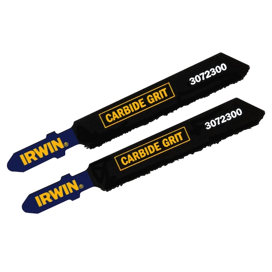 IRWIN carbide grit jigsaw blades, SKU 3072300, black and blue, side angle on white background.